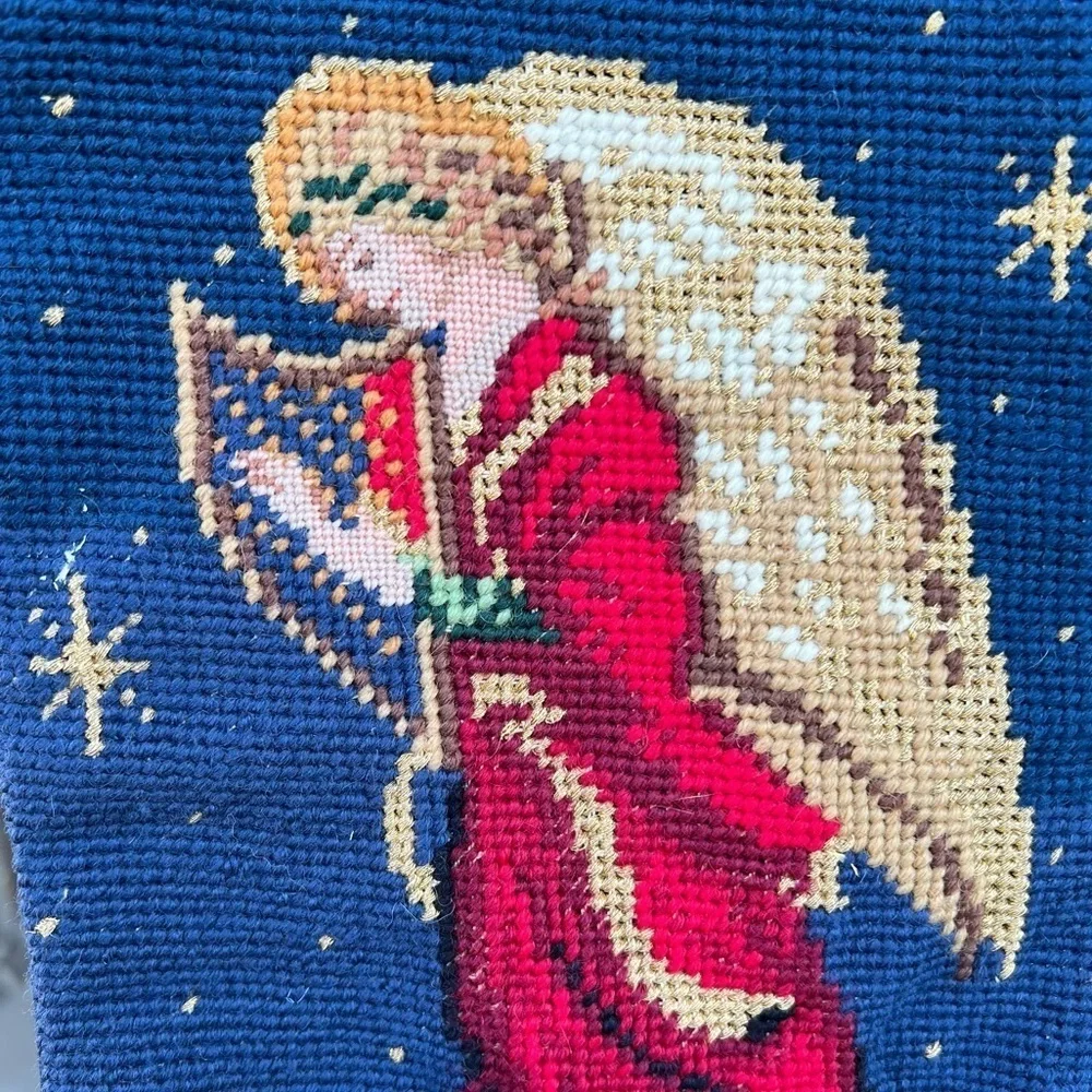 Handcrafted Needlepoint Christmas Stockings Santa Dog Angel Peace Blue Red 11x18